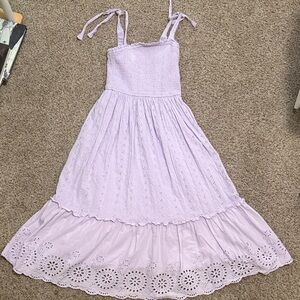 Japna Lavender Eyelet Midi Dress | Smocked Bodice | Tie Straps | Boho